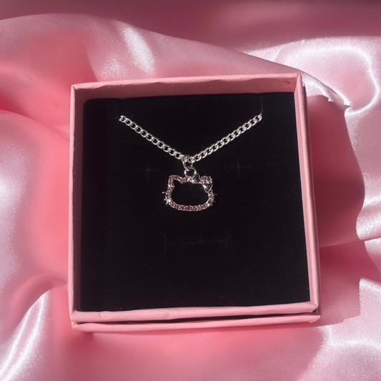Sterling Silver Plated Diamante Kawaii Kitty Necklace ( pink or silver )