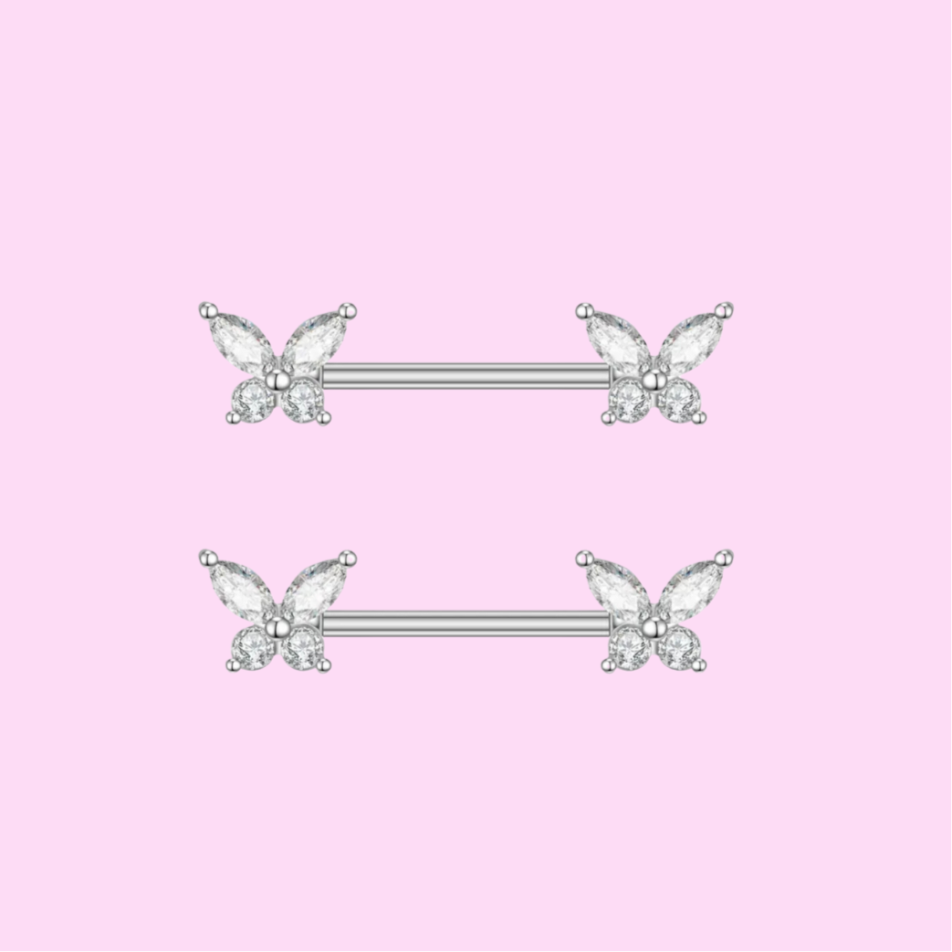 Surgical steel CZ Diamanté Butterfly Nipple barbell Bar