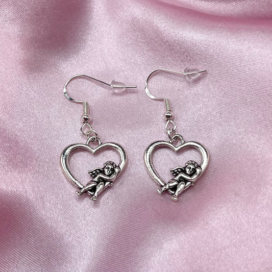 925 Sterling silver Cherub Angel heart Earrings