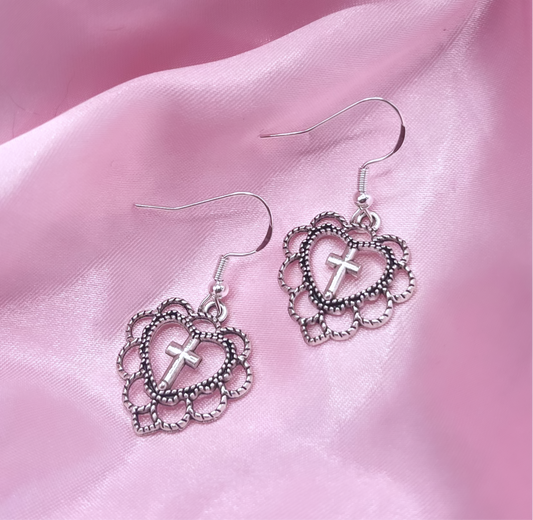 Sterling silver cross heart Earrings