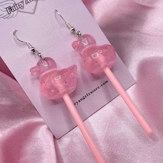 Sterling silver Pink Resin glitter duck lollipop Earrings