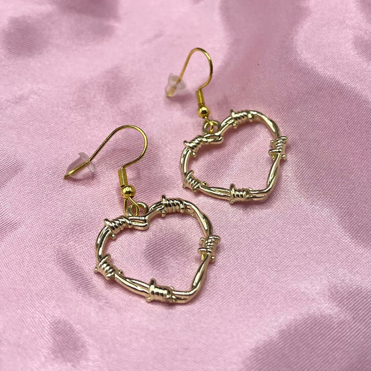 Stainless steel gold barbered wire Heart Earrings