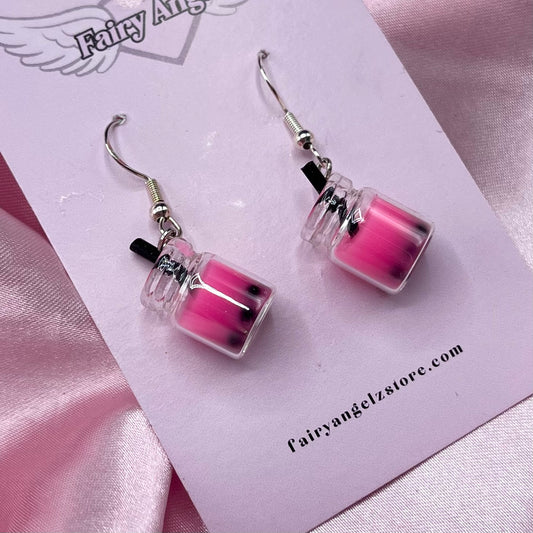 Sterling silver pink boba tea Earrings