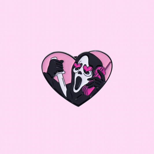 pink scream ghost face heart enamel pin