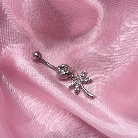 Surgical steel silver CZ palm tree Belly Naval Bar