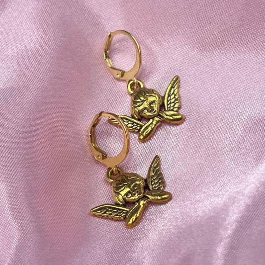 Gold Stainless steel Angel cherub Huggie Hoop Earrings