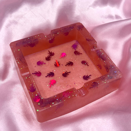 Resin Red Fire Flame Sparkle Square Ashtray