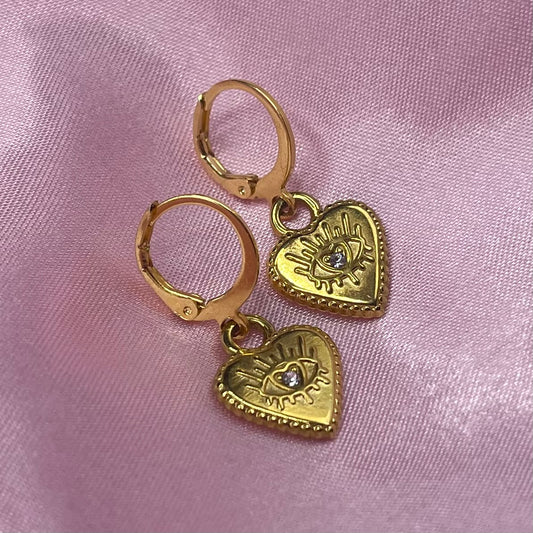 Gold Stainless steel Winged Evil eye Heart CZ Huggie Hoop Earrings