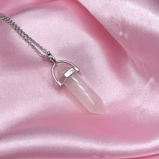Silver stainless steel adjustable rose quartz pendant Necklace