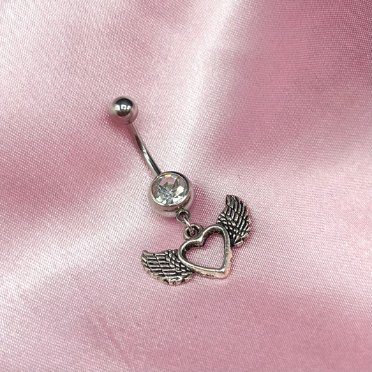 Silver Diamanté Angel Winged Heart Belly Naval Bar