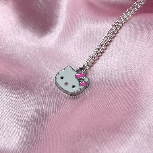 Sterling Silver Plated Diamante Kawaii Kitty Charm Necklace