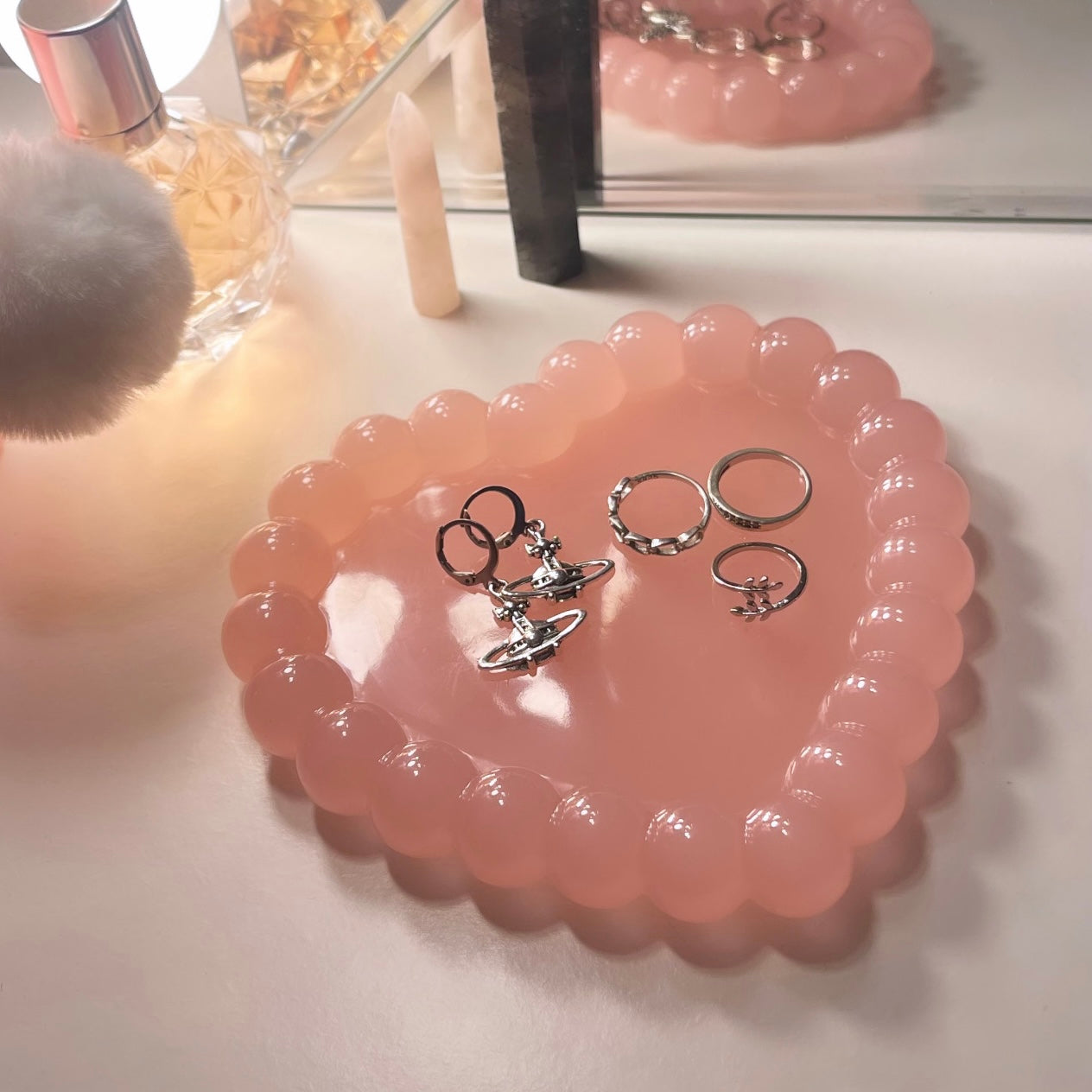 Resin pink Bubble Heart Circle Jewellery Dish Home Decor Tray