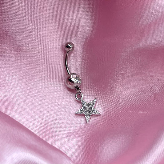 Surgical steel silver CZ star Belly Naval Bar