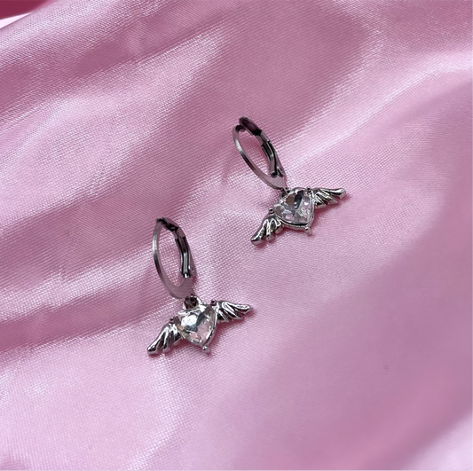 Stainless steel cz winged heart Huggie Hoop Earrings