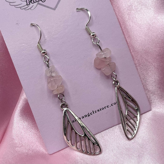 Sterling silver Pink Rose quartz crystal fairy wing Earrings