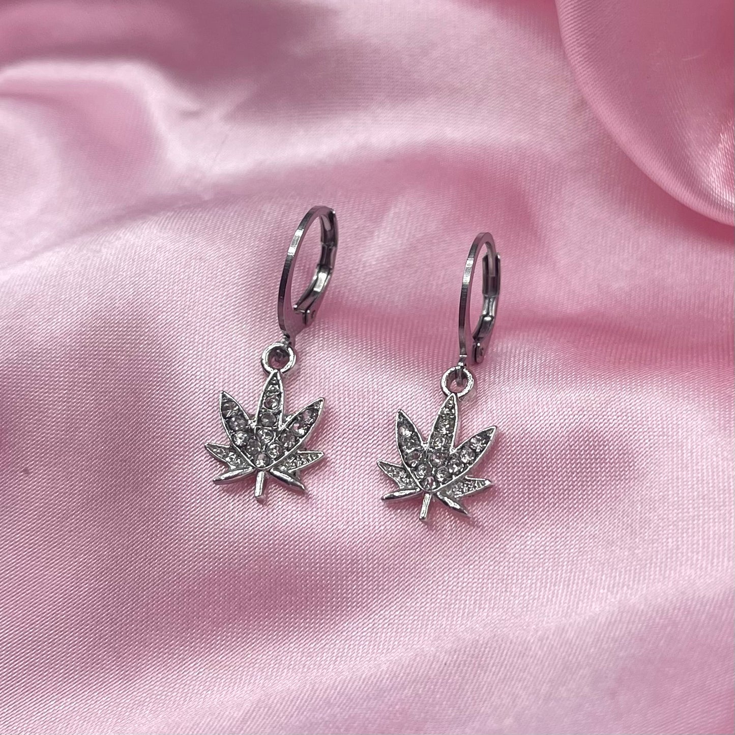 Silver Stainless steel CZ stoner leaf Huggie Hoop Earrings