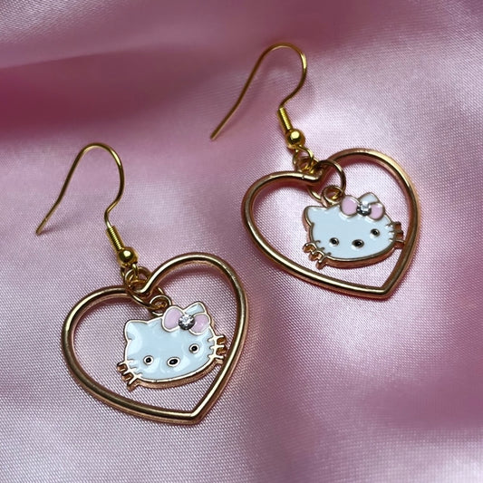 gold Kawaii Pink Kitty in Heart Earrings