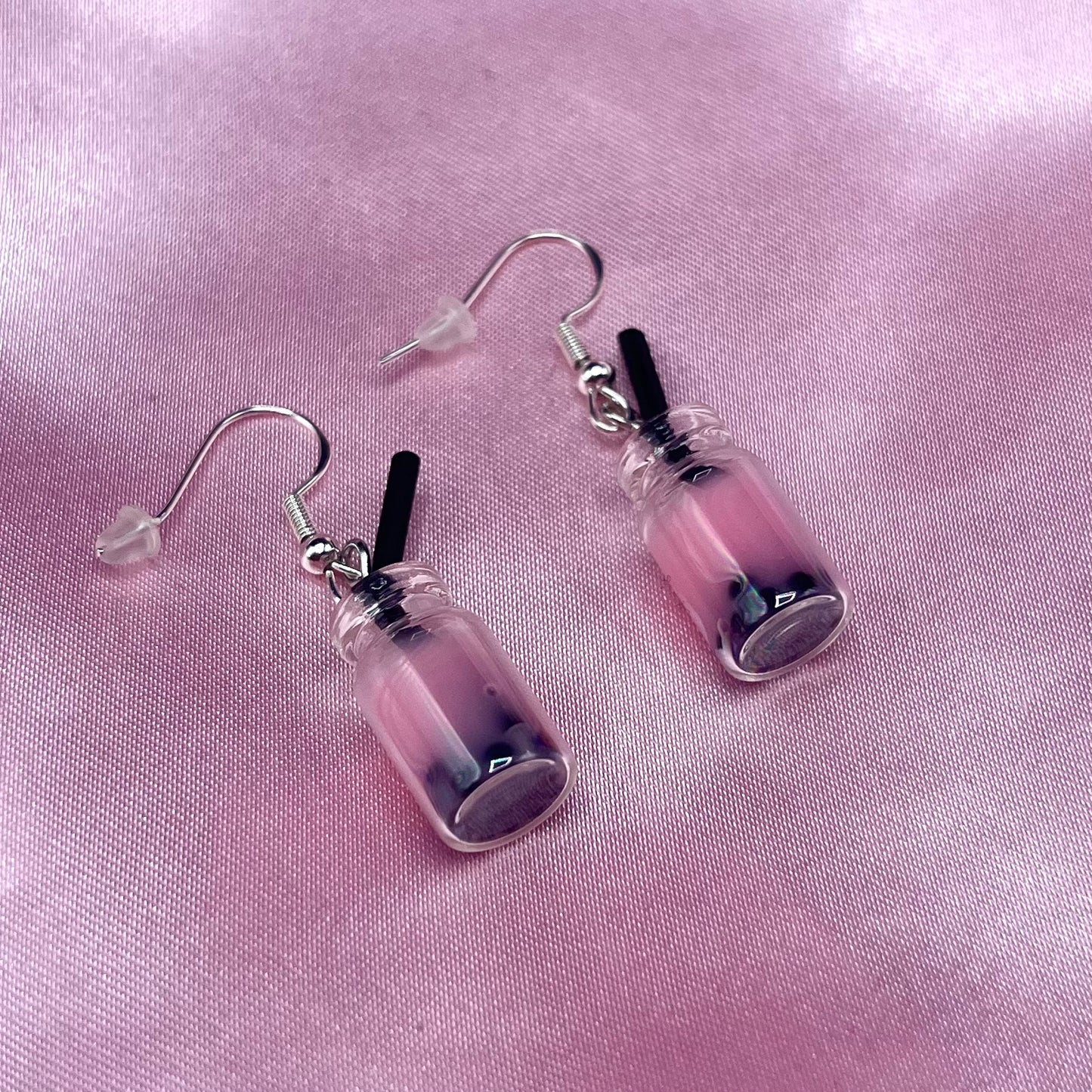 Sterling silver baby pink boba tea Earrings