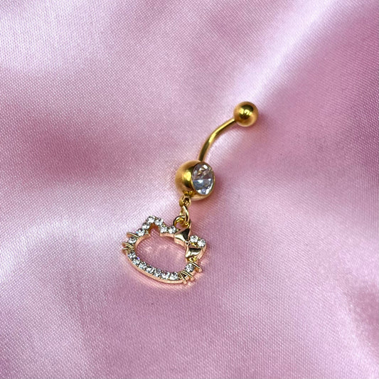 Gold surgical steel diamanté Kawaii Kitty Belly Naval Bar