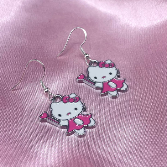 925 Sterling silver Pink Kawaii Kitty Wand Earrings