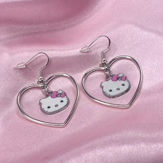Sterling silver Kawaii Pink Kitty in Heart Earrings