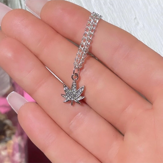 Sterling Silver Plated Small Diamanté CZ Leaf Necklace