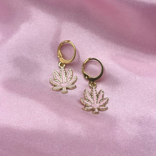 Gold pink leaf Huggie Hoop Earrings