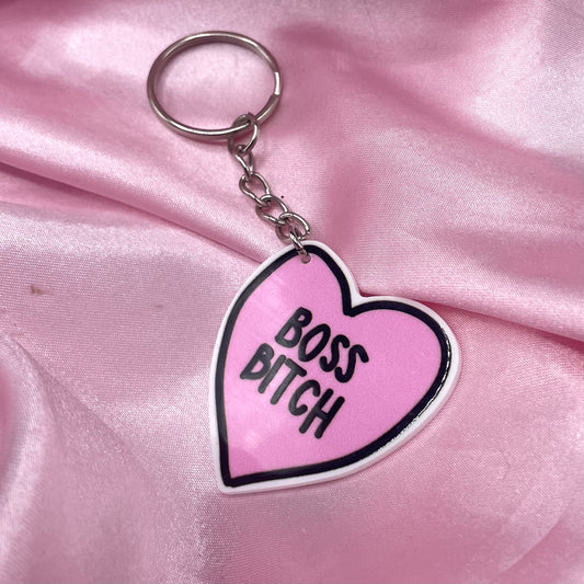 Boss B*tch Pink heart acrylic charm KeyRing
