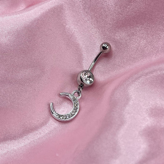 Surgical steel silver CZ moon Belly Naval Bar