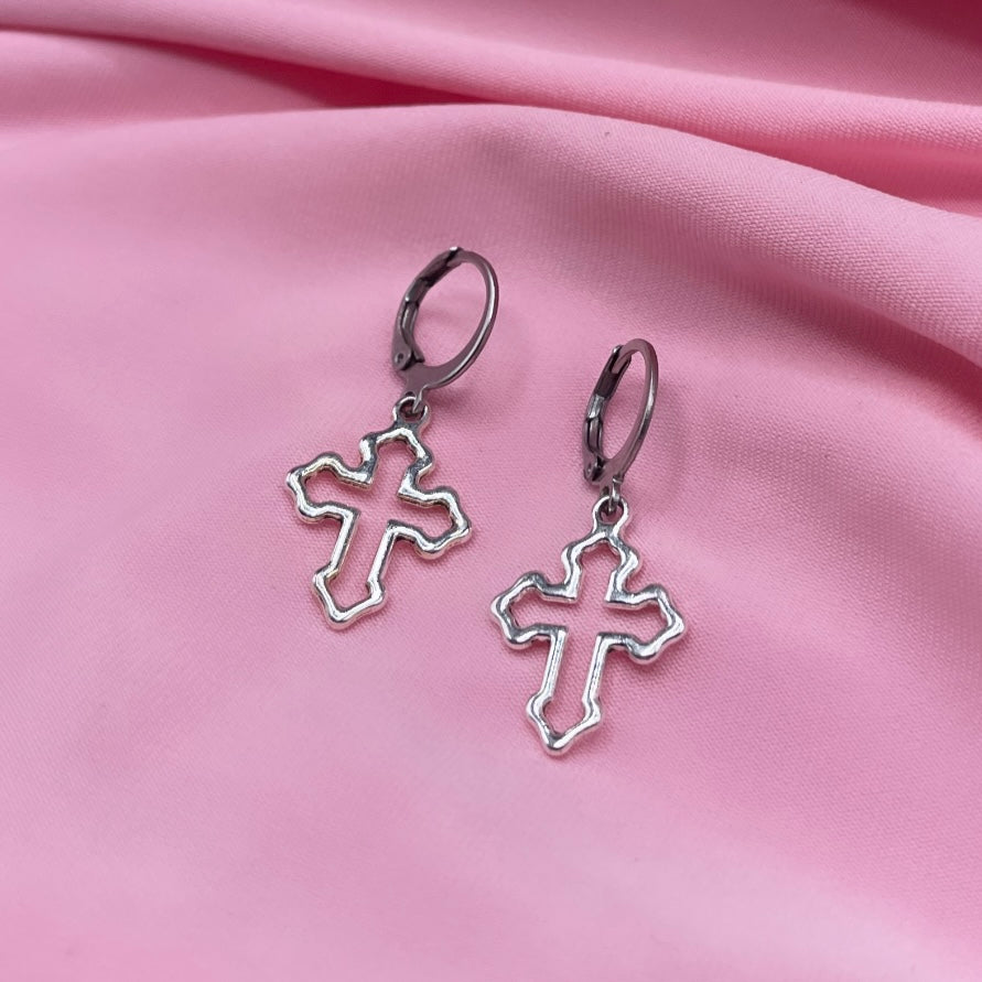 Silver Stainless steel Cross Huggie Hoop Earrings