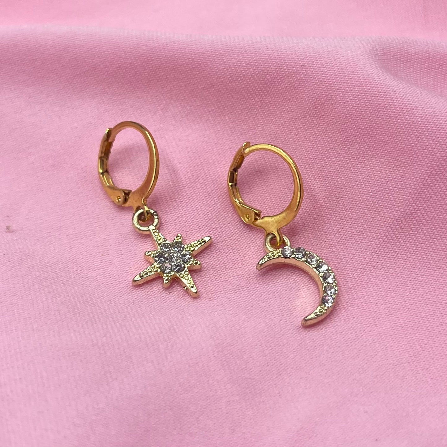 Gold Stainless steel cz moon and star Huggie Hoop Earrings