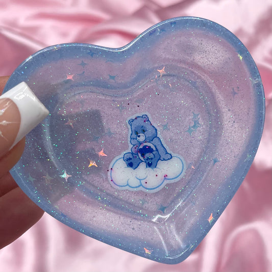 Resin Blue Glitter Grumpy Bear heart Dish Jewellery Ring Holder Pot