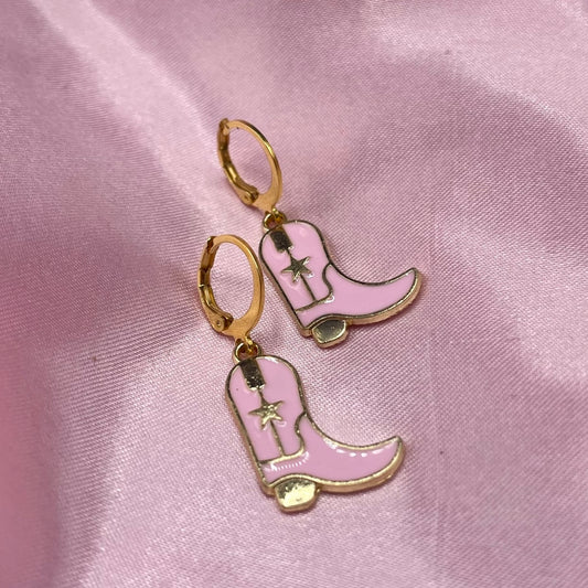Stainless steel gold pink cowgirl boots huggie hoops Earrings