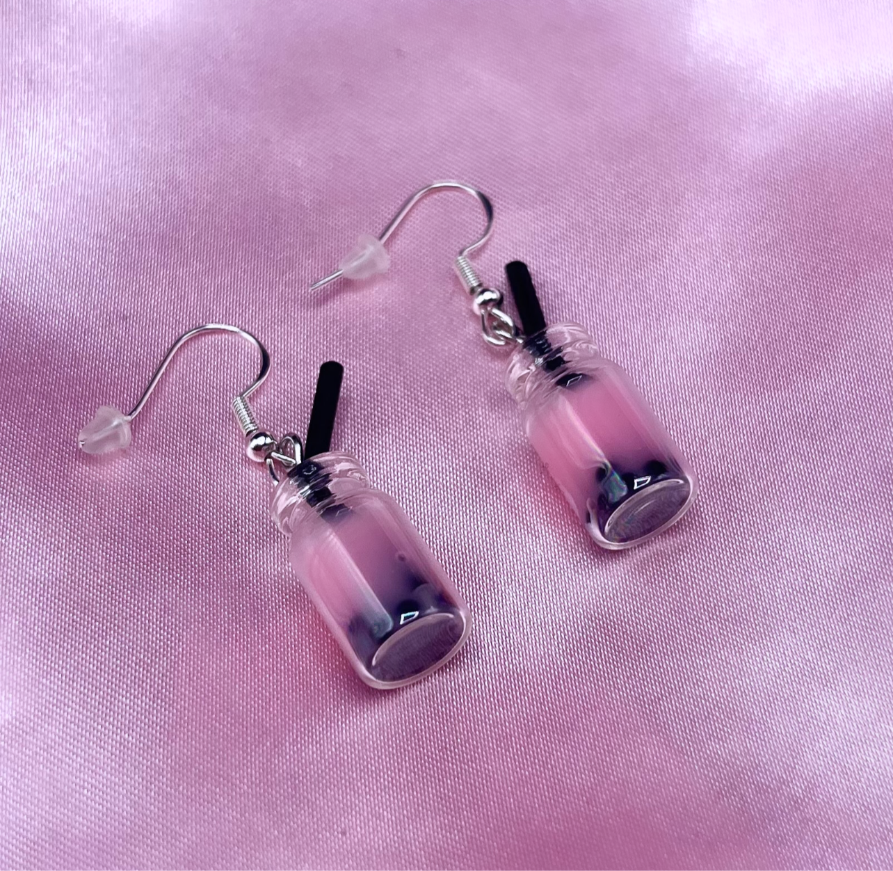 Sterling silver baby pink boba tea Earrings