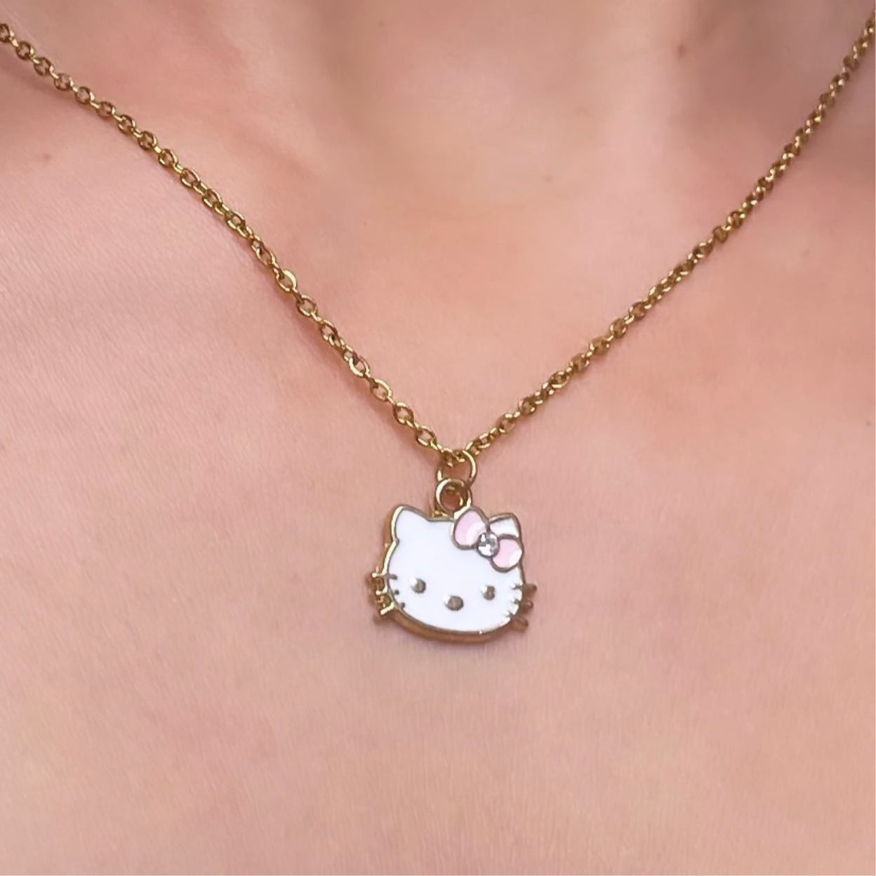 Gold stainless steel diamanté cz Kawaii Kitty adjustable Necklace