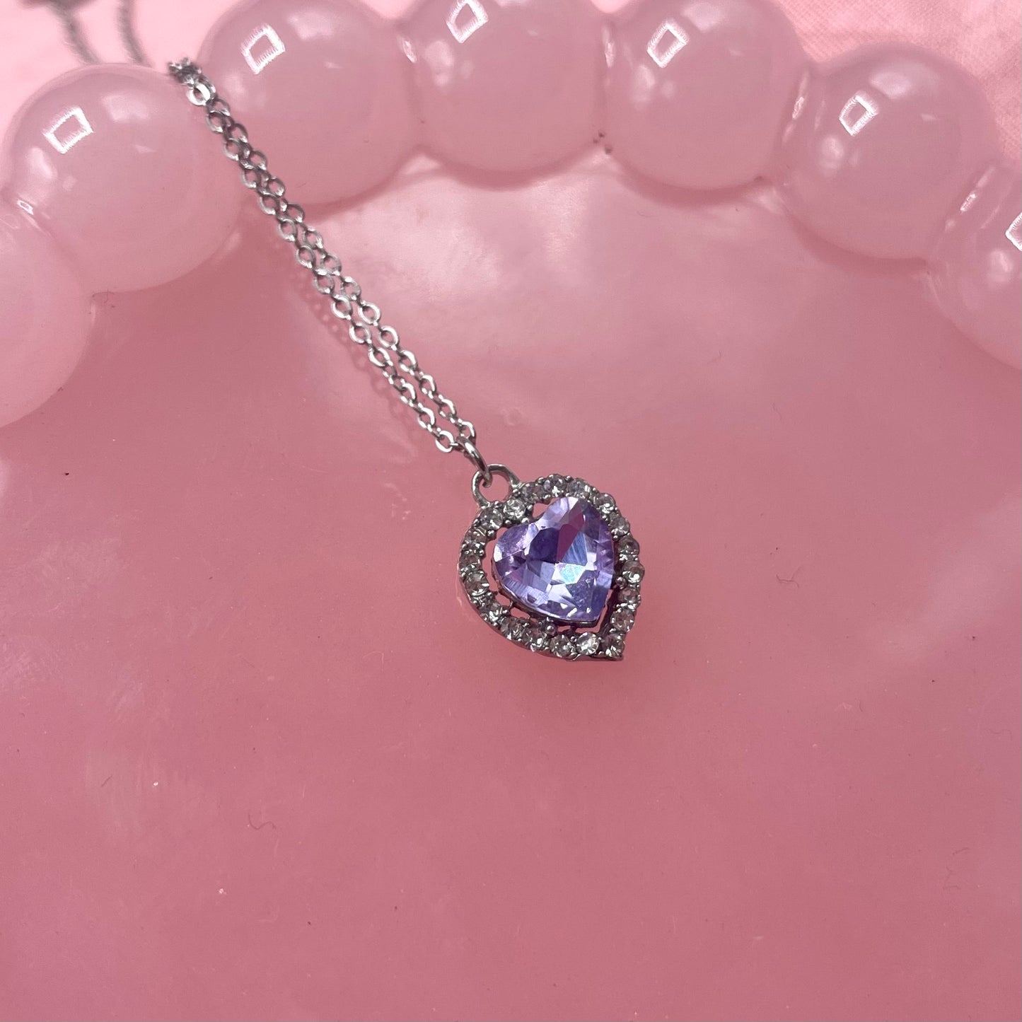 Silver Hypoallergenic lilac CZ heart adjustable Necklace