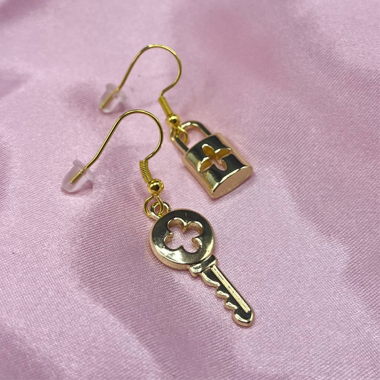 Stainless steel gold monogram padlock key Earrings