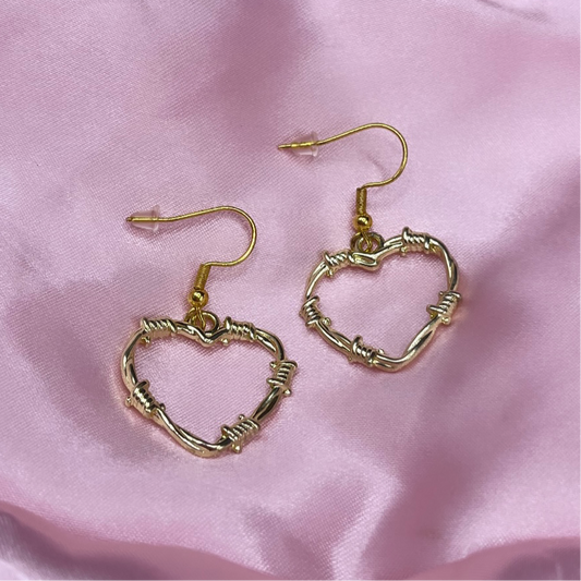 Stainless steel gold barbered wire Heart Earrings