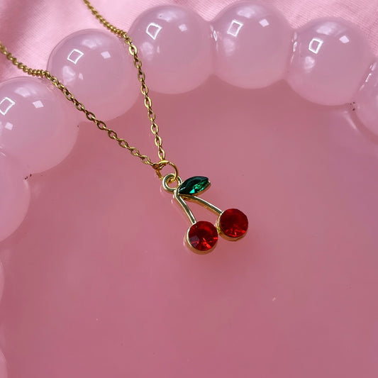 Gold stainless steel diamanté cz cherry adjustable Necklace