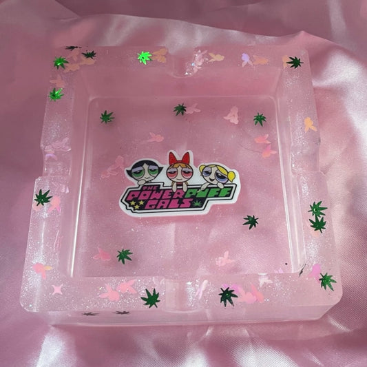 Resin pink glitter power puff gals Square Ashtray