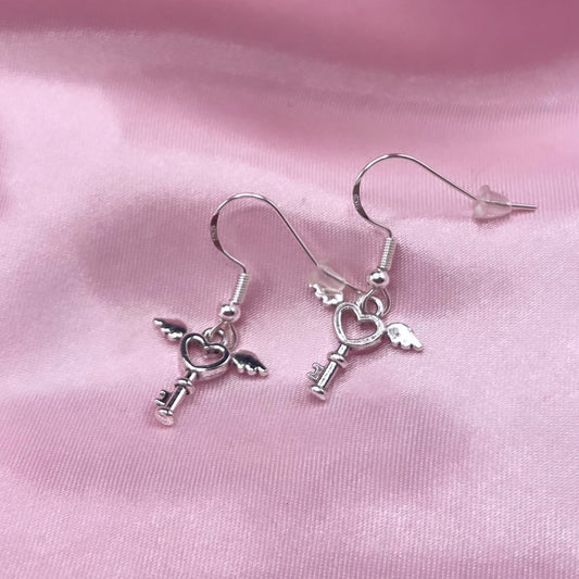 Sterling silver winged heart key Earrings