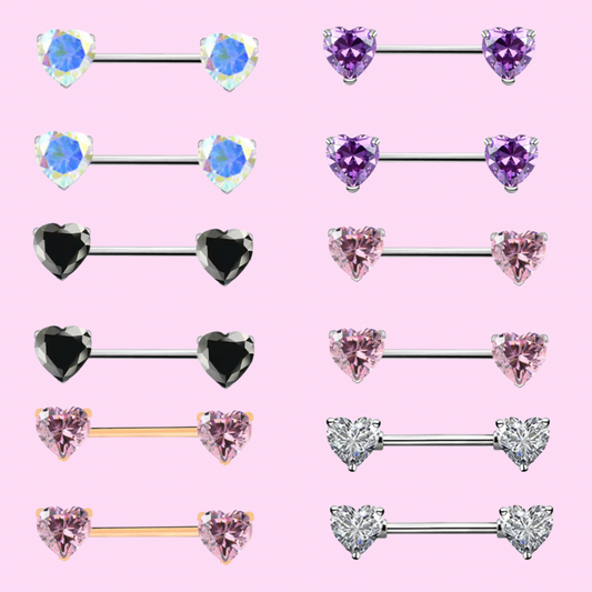 Surgical steel Diamanté Zircon CZ Heart Nipple barbell Bar