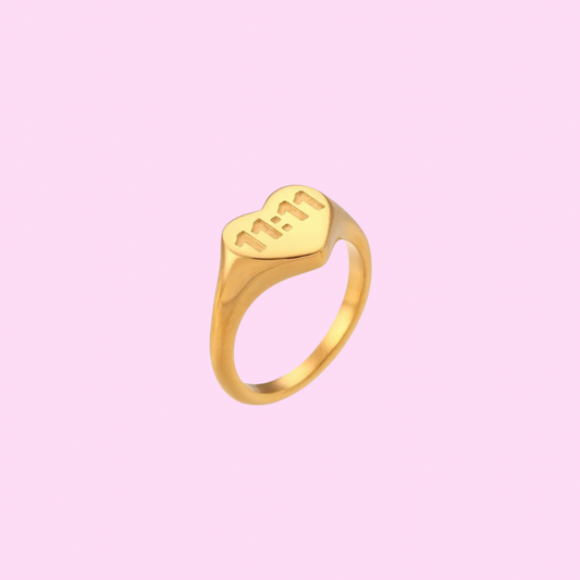 Hypoallergenic 11:11 engraved heart Gold Angel number  Ring