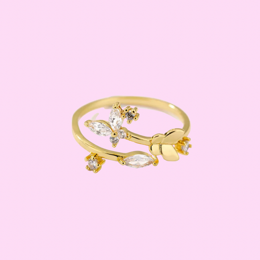 gold Zircon Diamanté butterfly detailed adjustable Ring