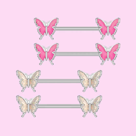 Surgical steel CZ Diamanté pink Butterfly glitter Nipple barbell Bar