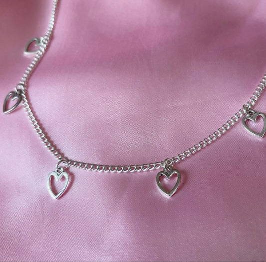 Sterling Silver Plated Heart Charm Choker Necklace