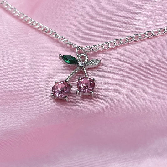 Sterling Silver Plated Diamanté Baby Pink Cherry Necklace