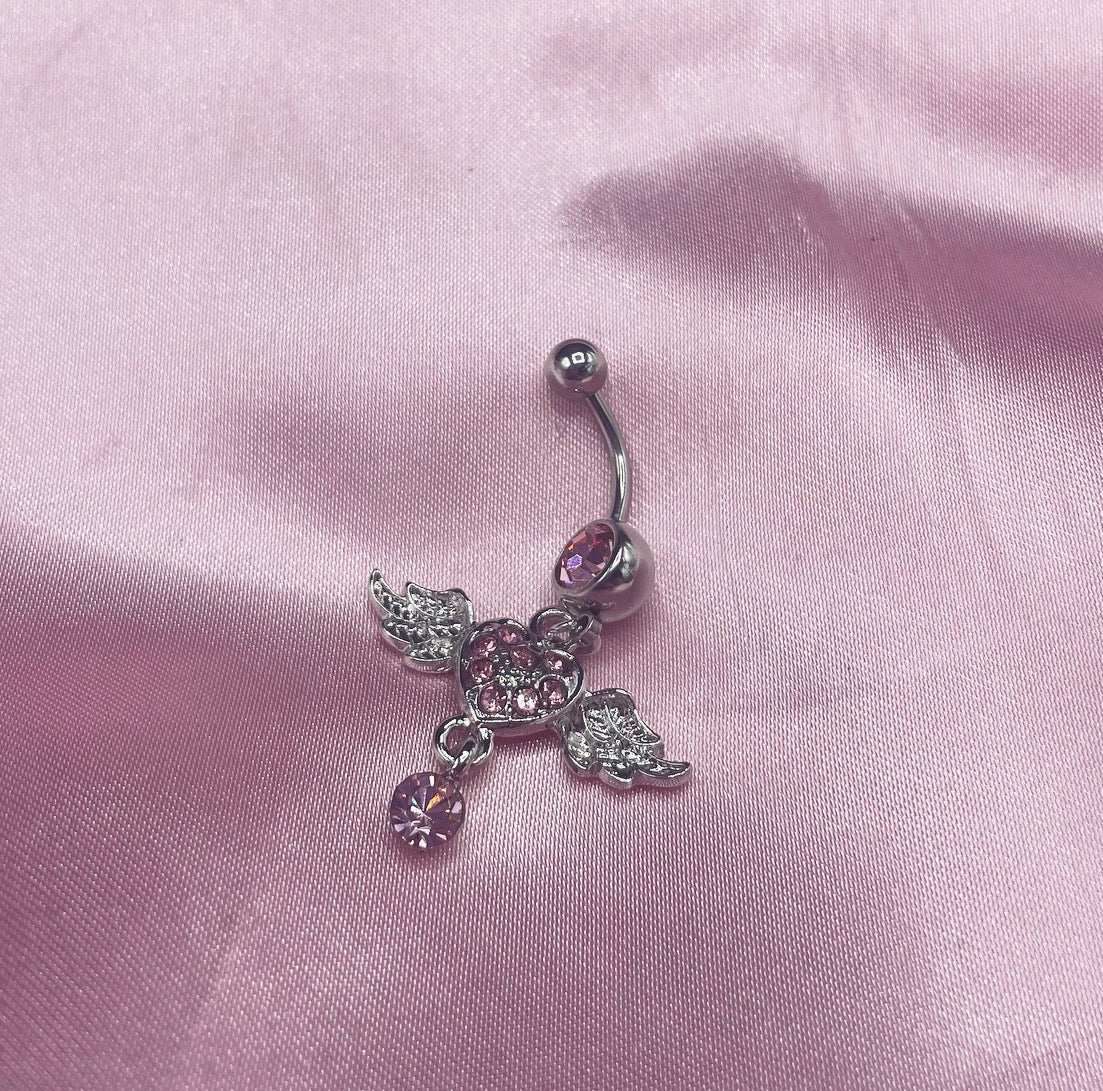 Silver Baby Pink Dangly Diamanté Winged Heart Belly / Naval Bar ...