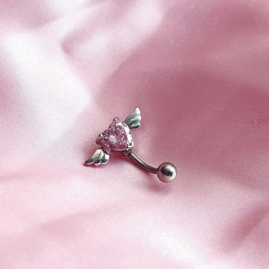 Silver Baby Pink Diamanté Winged Heart Belly / Naval Bar
