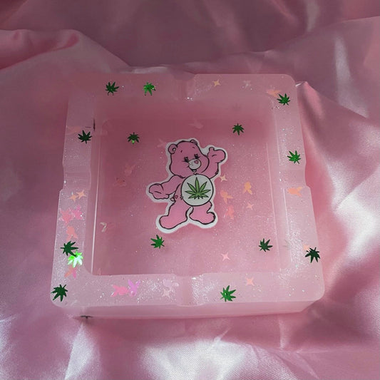 Resin Baby Pink Sparkle stoned Care bear Leaf Square Ashtray